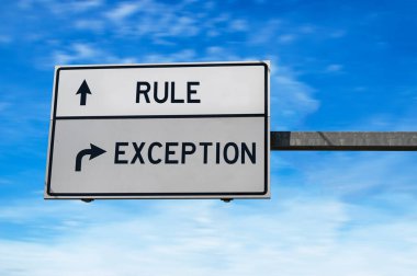 Rule versus exception. White two street signs with arrow on metal pole. Directional road. Crossroads Road Sign, Two Arrow. Blue sky background. clipart