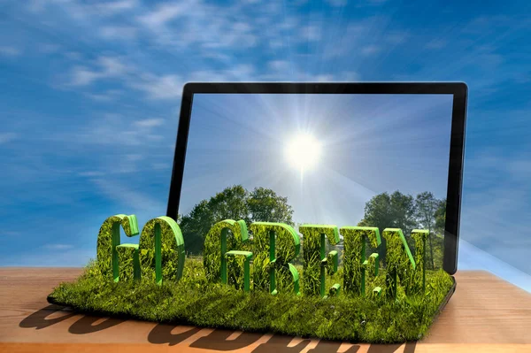 Zöldre Nyílt Laptop Szöveggel Megy Zöld Textúra Öko Ökológia — Stock Fotó