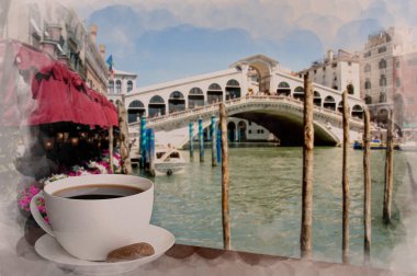 İtalya 'da Venedik' te ünlü Canal Grande ve Rialto Köprüsü manzaralı sırt kahvesi veya çayın suluboya etkisi