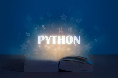 Python yazıtları açık kitabın üzerinde. Açık kitaptan gelen, pitonlu bir ışık. Eğitim konsepti. Programlama dilini öğren.