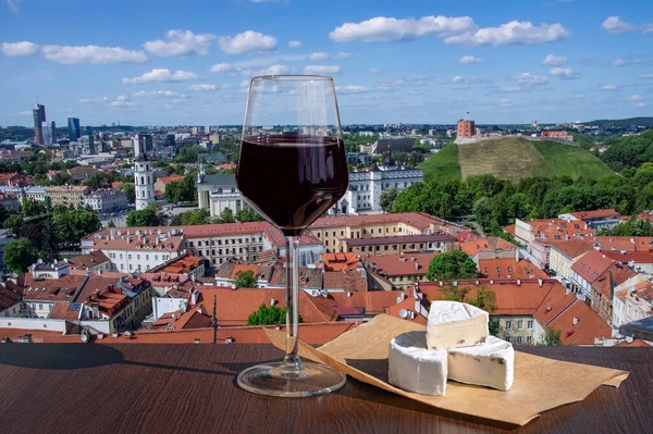 在大教堂广场上的圣斯塔尼斯劳斯大教堂 小山上的Gediminas城堡 立陶宛维尔纽斯的红色屋顶上 一杯红葡萄酒加乳酪 — 图库照片