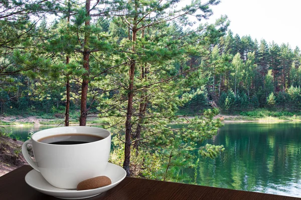 Cup Coffee Cup Cookie Small Pipe Tree Turquoise Lake Summer — Stock Photo, Image