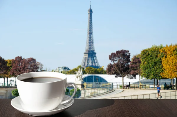 Cup Coffee Table View Eiffel Tower Autumn Paris France — Stock Photo, Image