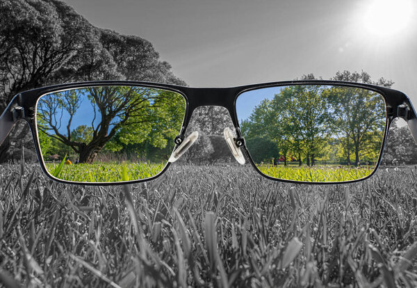 Through glasses frame. Colorful view of landscape in glasses and monochrome background. Different world perception. Optimism, hopefulness, mental health concept.
