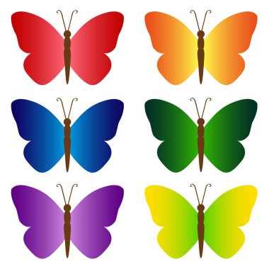 Çok renkli kelebekler kümesi. Beyaz arka planda, vektör illüstrasyon izole nesneleri