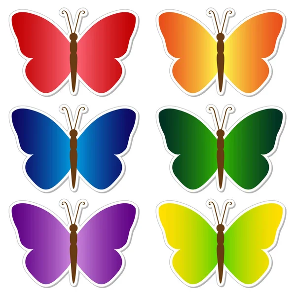 Set Mehrfarbiger Schmetterlinge Sticker Isolierte Objekte Auf Weißem Hintergrund Vektorillustration — Stockvektor