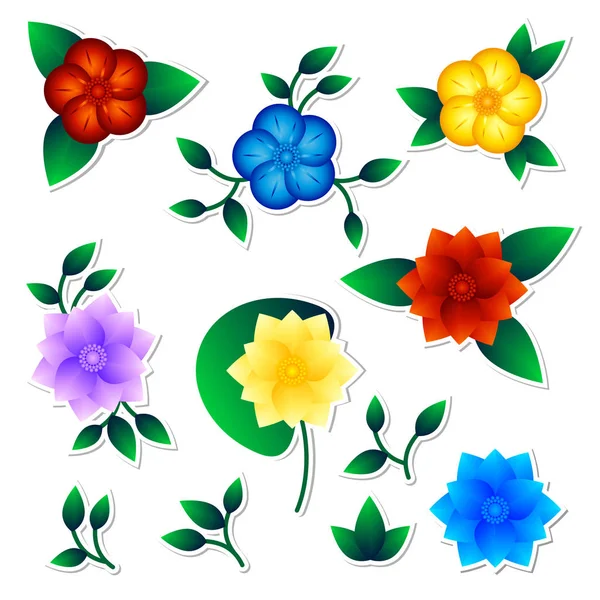 Set Van Veelkleurige Exotische Bloemen Stickers Geïsoleerde Objecten Witte Achtergrond — Stockvector