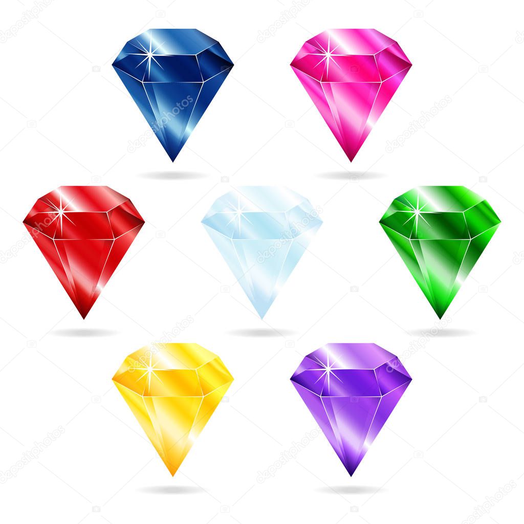 A set of seven precious stones: diamond, ruby, emerald, sapphire, amethyst. Isolated objects on a white background, vector illustration