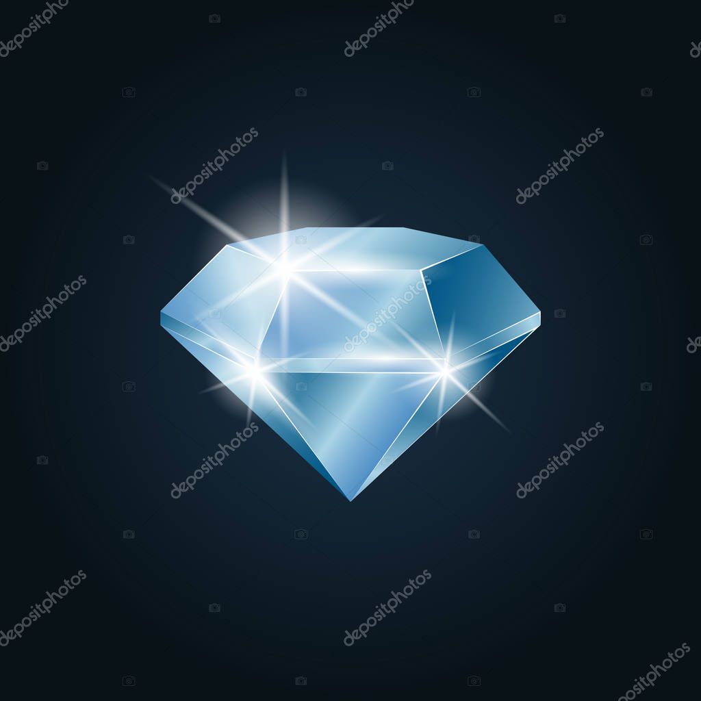 Diamond gemstone shining. Isolated object on a dark background, vector illustration