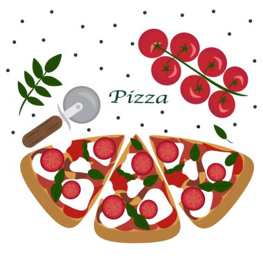 Mozzarella ve domatesli üç dilim pizza yarım daire şeklinde duruyor. Yakınlarda yuvarlak bir pizza bıçağı ve fesleğen yaprakları var. Kara biber yüzeye saçılmış. Resmin ortasında bir Pizza yazılıydı..