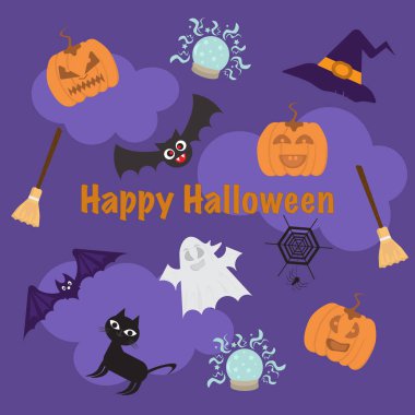 Cadılar Bayramı eğlence seti. Balkabakları, hayaletler, kara kedi, süpürgeler, yarasalar, örümcekler. Ortada 