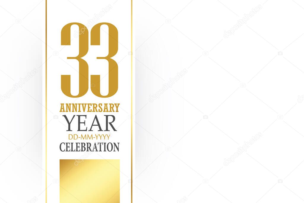 33year anniversary, minimalist logo Box White Shape . ribbon, greeting card. Birthday invitation. year sign. Gold space vector illustration on white background - Vector