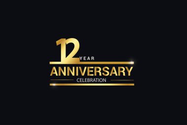 12. yıl dönümü kutlaması logosu. Siyah zemin üzerinde altın ve kıvılcım saçan beyaz renkli bir logo, kutlama için vektör tasarımı, davetiye ve tebrik kartı -