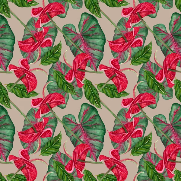 シームレスなパターン エキゾチックな花 熱帯のアンスリウム 白い背景に水色のジャングルの赤い花 招待状 プリントとデザインのための装飾的なエキゾチックな熱帯要素 — ストック写真