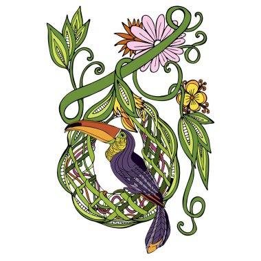 Tukan ve palmiye dallarının vektör bileşimi. Çocuklar ve yetişkinler için el boyama kitabı. Güzel çizimler. Seyahat ve eğlence için sanat baskısı, moda, kaplıca ve sağlık, düğünler