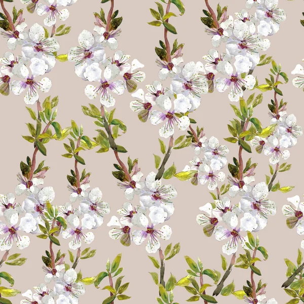 Flores Cereja Padrão Fundo Bege Para Tecido Papel Parede Têxteis — Fotografia de Stock