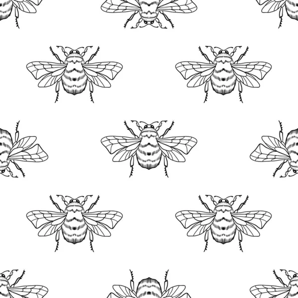在白色背景上有蜜蜂的病媒无缝图案 大黄蜂 用于标签 养蜂产品 包装纸 织物的设计 — 图库矢量图片