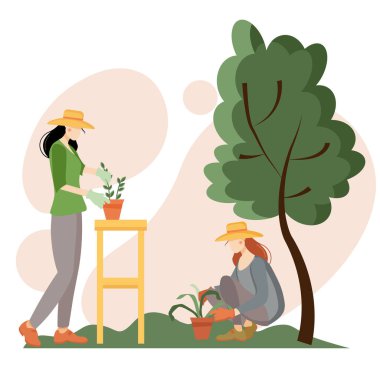 Bahçe çiçekli şapkalı genç kızlar, bahçeyle ilgilenen kadınlar, çiçekler ve ağaçlar. Kartpostal, web sitesi, afiş veya poster için vektör illüstrasyonu.