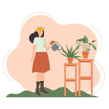 Bahçe. Su dolu saksıları sulayan genç bir kız. Bahçeyle ilgilenen bir kadın. Çiçekçi. Kartpostal, web sitesi, afiş veya poster için vektör illüstrasyonu.