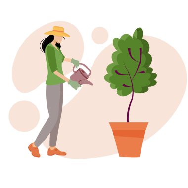 Bahçesi olan genç bir kız yeşil bir ağacı suladı, bir kadın bahçeyle ilgilendi, bitkiler yetiştirdi. Çiçek sipariş et. Kartpostal, web sitesi, afiş veya poster için vektör illüstrasyonu.