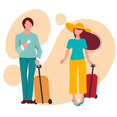 İnsanlar bavullarıyla tatile çıkar. Bagajlı turistler aileleriyle seyahat eder, bir erkek ve bir kız seyahate çıkar. Seyahat ve turizm tasarım konsepti. Vektör illüstrasyonu