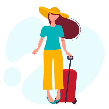 Geniş kenarlı şapka ve pantolon giyen genç bir kız seyahat ediyor. Bavullarla tatile çıkıyor. Bagajlı turist seyahate çıkıyor. Seyahat ve turizm tasarım konsepti. Vektör illüstrasyonu