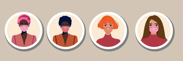 Pegatinas Redondas Máscaras Mujeres Iconos Emoción Para Redes Sociales Pegatinas — Vector de stock