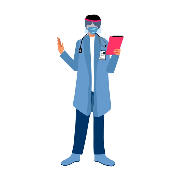 一个戴面具的人手里拿着一个文件夹科维德 19大流行期间的一位医生穿着浴衣 戴着面具 医院里有保护屏风 矢量说明 — 图库矢量图片