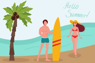 Bir adam ve bir kız deniz tatilinde. Erkek sörfçü. Şapkalı kız. Yazıtta 