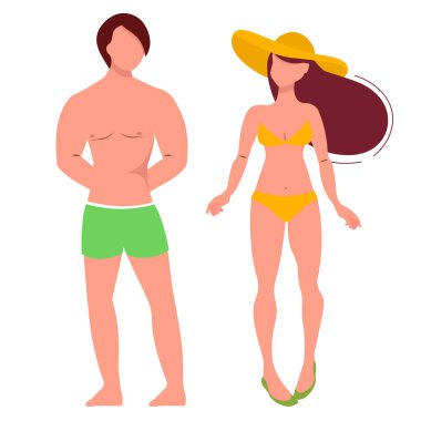 Yaz karakterleri. Tropik bir otelde bir kızla birlikte bir adam. Tatil, tatil. Seyahat ve turizm tasarım konsepti, deniz tatili. Beyaz arkaplanda izole edilmiş vektör illüstrasyonu.