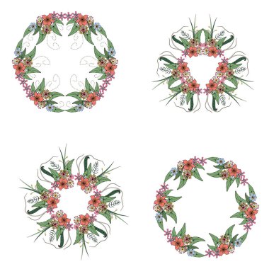 Çiçeklerin vektör çelenkleri. Renkli papatyalar için vektör çelenk. Kartpostalları süslemek için, tasarım tebrikleri.