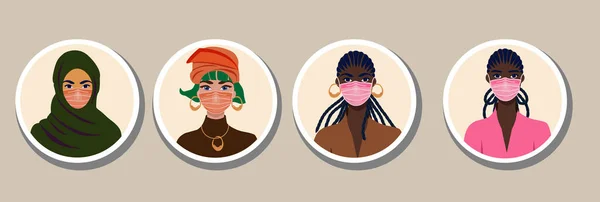 Pegatinas Redondas Máscaras Mujeres Iconos Emoción Para Redes Sociales Pegatinas — Vector de stock