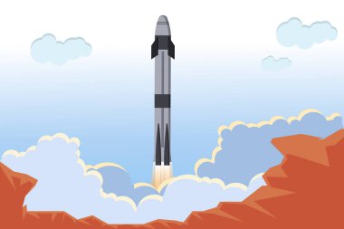 Amerikan gemisi. Astronot kapsüllü düz bir fırlatma gemisi. Roket fırlatıldı. Duman bulutları. Kozmodrom. - Uzay gemisi. Uluslararası Uzay İstasyonu, uçuş. Düz biçim vektör illüstrasyonu.