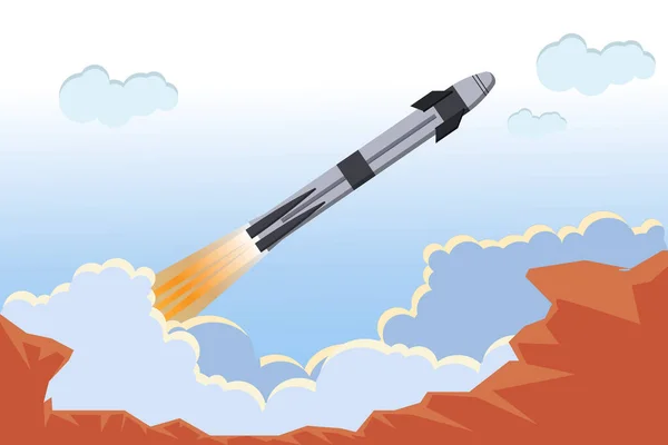 American Ship Flat Launch Ship Astronaut Capsule Rocket Launch Clouds — Stock Vector