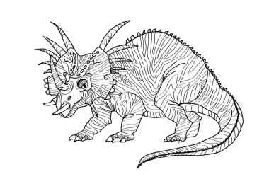 Triceratops. Bir dizi tarih öncesi dinozor. Fosil hayvan formunda. Çocuklar ve yetişkinler için boyama kitabı. Sanat terapisi. Duvar kağıdı için tasarım. Beyaz arkaplanda vektör illüstrasyonu.