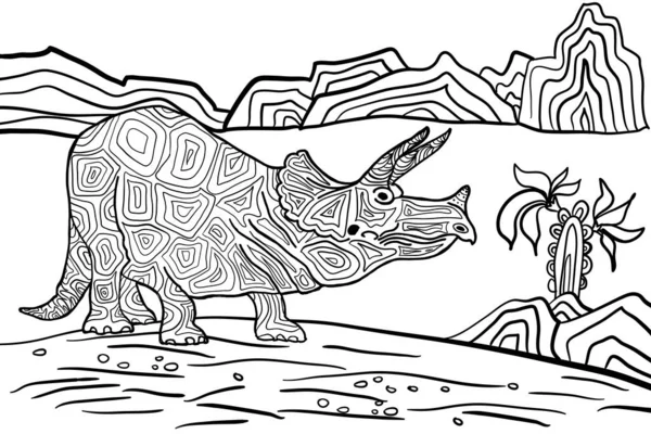Трицератопс Серия Доисторических Динозавров Ископаемые Животные Контурном Стиле Раскраска Детей — стоковый вектор