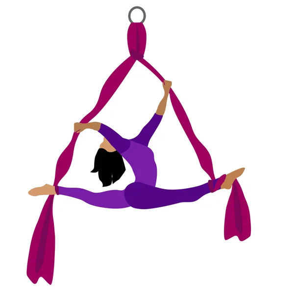 一个小女孩用带子或吊床练习瑜伽 空中瑜珈 做伸展运动 反重力松驰 健康生活方式和健身训练载体说明 — 图库矢量图片