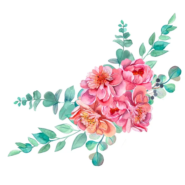 Прекрасна Квіткова Композиція Півоніями Рожеві Півонії Букет Акварельних Квітів Готові — стокове фото