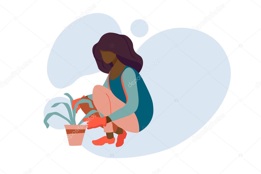 African american girl is planting flowers. Woman gardener, farmer in the garden, growing plants. Plant nursery works isolated concept with contour. We work at home.