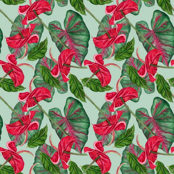 Seamless pattern. Exotic flower - tropical anthurium. Watercolor jungle red flower on a white background. Decorative exotic tropical element for invitation, textile, print and design.