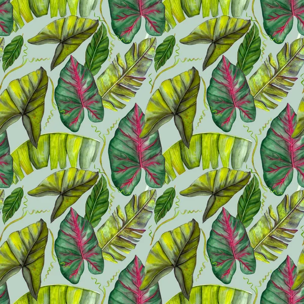 无缝隙的异国情调图案 热带香蕉叶 复古风格 森林植物水彩画 纺织品 儿童服装 — 图库照片