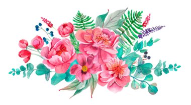 Şakayıklı güzel bir çiçek aranjmanı. Pembe şakayıklar. Bir buket suluboya çiçek. Hazır klip kompozisyonları. Pembe şakayıklar. Düğün davetiyeleri. Koleksiyon Defteri Doğumgünü