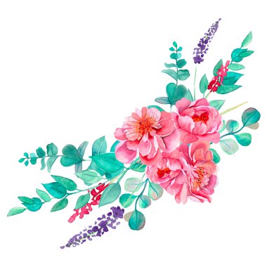 Şakayıklı güzel bir çiçek aranjmanı. Pembe şakayıklar. Bir buket suluboya çiçek. Hazır klip kompozisyonları. Pembe şakayıklar. Düğün davetiyeleri. Koleksiyon Defteri Doğumgünü