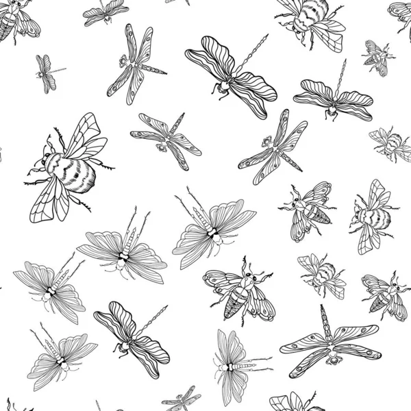 Sömlöst Mönster Med Bilden Fjärilar Trollsländor Insekter Stress Färg Entomologiskt — Stock vektor