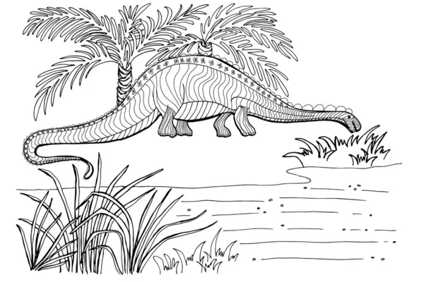 Dinosaurus Křída Linie Ilustrace Pro Barvení Omalovánky Pro Dospělé Děti — Stockový vektor