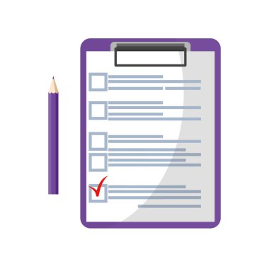 Kırmızı işaretli kontrol listesi simgesine sahip pano. Seçimler. Tamamlanmış görevlerin, vakaların, anketlerin, sınav konseptlerinin listesi. Web sitesi ve mobil uygulama için kontrol listesi simgesi içeren bir pano.