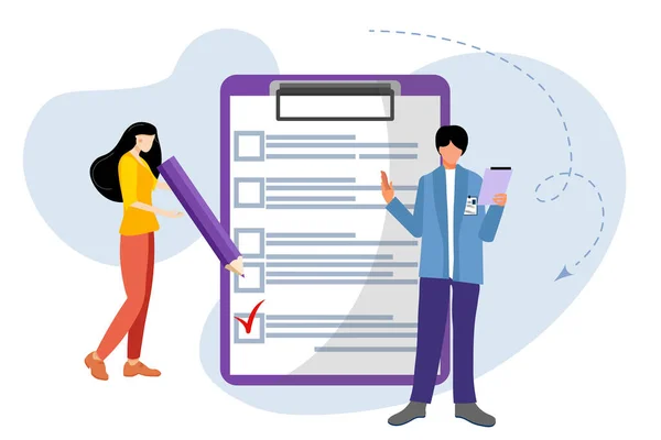 Контрольный Список Выборы Девушка Парень Контрольным Списком Галочками Бизнес План — стоковый вектор