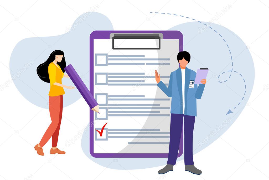 Checklist. Elections. Girl and guy with a checklist and check boxes. Business plan, marketing strategy, survey, completed tasks, teamwork success concepts. Modern flat design. Vector illustration