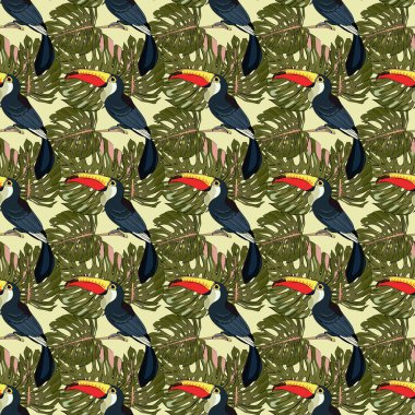 Kusursuz desenli tukan ve palmiye dalları. Güzel çizimler. resim baskısı