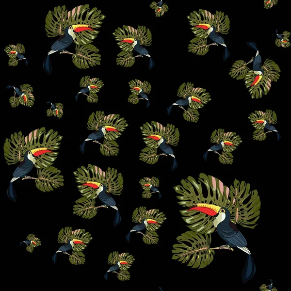 Modèle sans couture toucan et branches de palmier. Beaux dessins. estampe — Image vectorielle